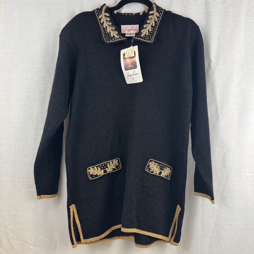 Jaclyn Smith Black Tie Knit Sweater Dress Beaded Collar Gold Accents Medium